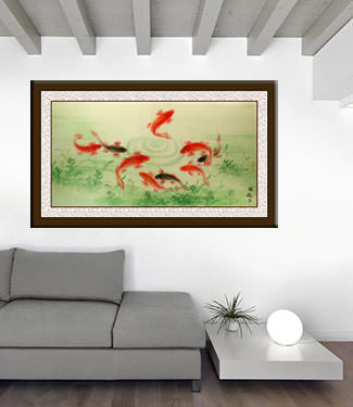 Koi Fish Feeding - Asian Painting living room view