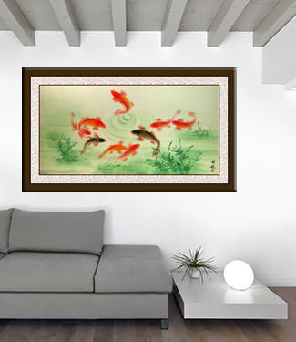 Chinese Koi Fish Large Painting living room view
