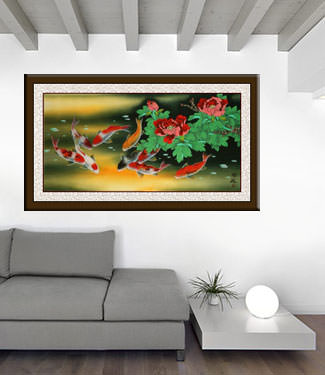 Huge Koi Fish and Peony Flower Painting living room view
