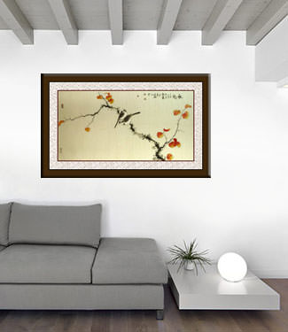Autumn Rhyme - Large Bird and Flower Painting living room view