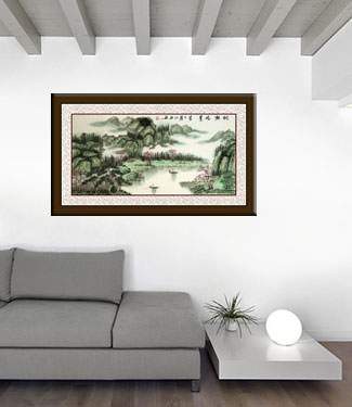 Chinese River Boat Village Taoyuan - Large Asian Art Landscape living room view