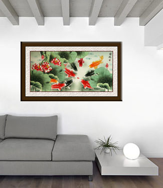 Large Koi Fish and Lotus Painting living room view