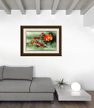 Koi Fish & Peony Flowers Painting living room view