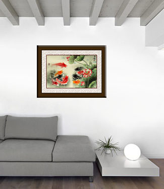 Koi Fish and Lotus Flower - Colorful Chinese Art Painting living room view