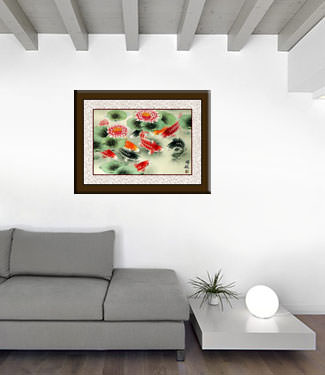 Koi Fish and Lotus Flower - Colorful Chinese Art Painting living room view