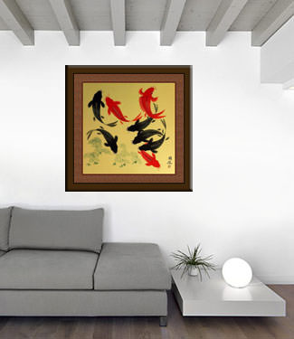 Large Koi Fish Painting on Antiqued Paper living room view