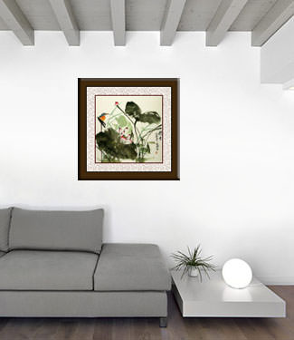 Lotus Breeze Travels Far - Kingfisher Bird and Flower Painting living room view