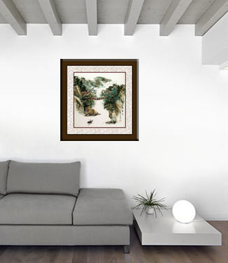 Chinese Mountain Cliff Village Boat and Bridge Landscape Painting living room view