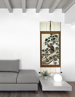 Monkey in Pine Tree - Asian Scroll living room view