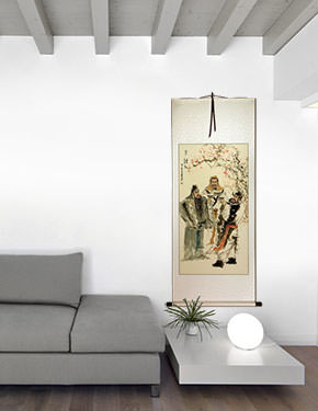 Three Warrior Brothers of China Wall Scroll living room view