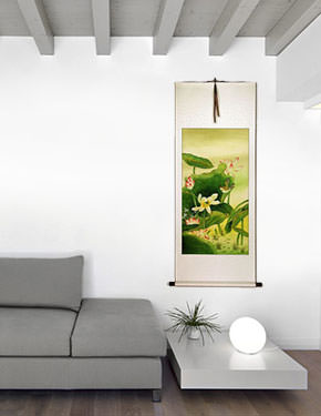 Chinese Birds and Lotus Wall Scroll living room view