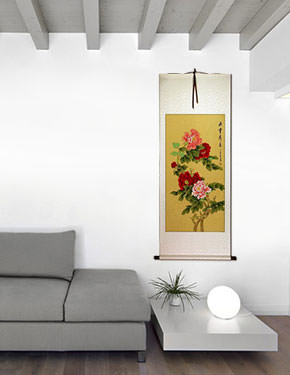 Heavenly Fragrance and Beauty - Peony Flower Wall Scroll living room view