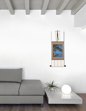 Shubi Pine at Lake Biwa - Japanese Woodblock Print Repro - Small Wall Scroll living room view