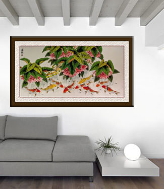 Koi Fish Feeding - Large Chinese Painting living room view