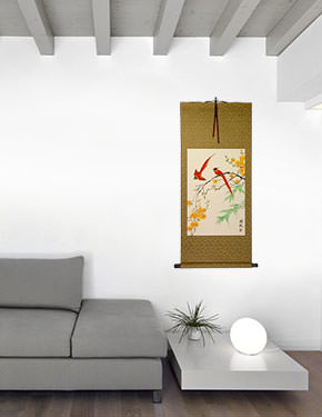 Red Cardinals and Yellow Plum Blossom Wall Scroll living room view
