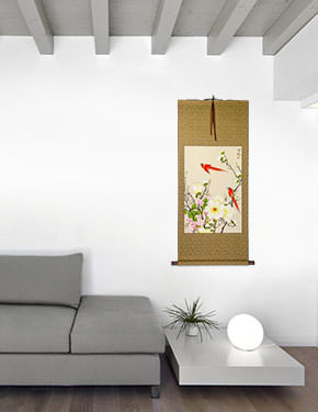 Red Cardinals and Bright Flowers Wall Scroll living room view