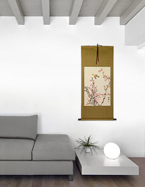 Birds and Bright Pink Plum Blossom Wall Scroll living room view