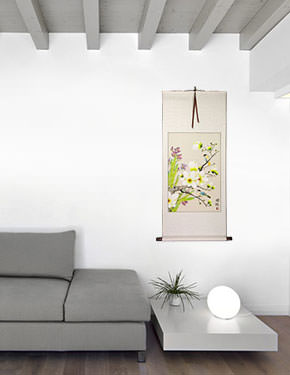 Bird & Flower Painting on Wall Scroll living room view