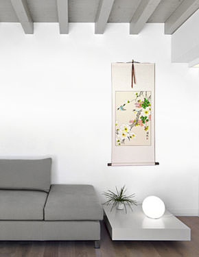 Two Birds and Flower Wall Scroll living room view