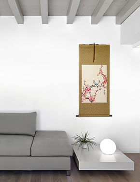 Birds and Bright Red-Pink Plum Blossom Wall Scroll living room view