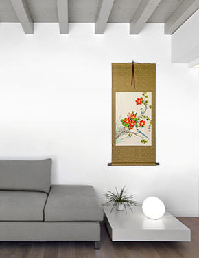 Blue Birds an Orange Flowers Wall Scroll living room view