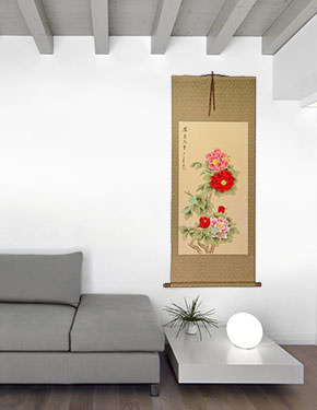Large Red and Pink Peony Flower Wall Scroll living room view