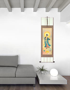 Guanyin Buddha Lotus Embrace - Giclee Print - Wall Scroll living room view