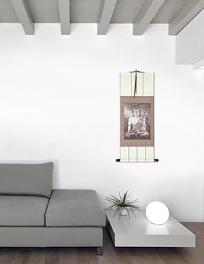 Stone Buddha Print - Hanging Scroll living room view