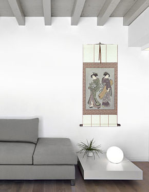 Geisha & Servant Carrying Shamisen - Japanese Print Repro - Large Wall Scroll living room view