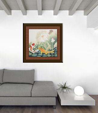 Koi Fish in Lotus Pond - Large Painting living room view