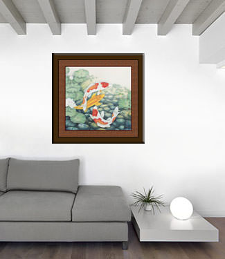 Koi Fish and Lotus Flowers - Large Painting living room view