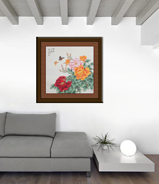 Chinese Golden/Red Butterfly & Flower Painting living room view