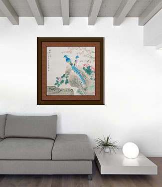 Beautiful Blue Birds and Peony Flowers Painting living room view