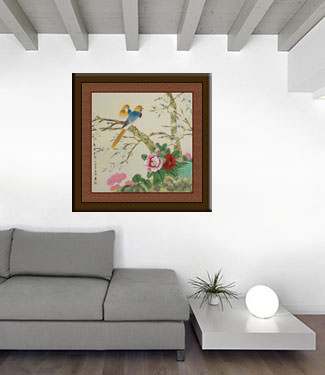 Beautiful Blue and Gold Chinese Birds & Flowers Painting living room view