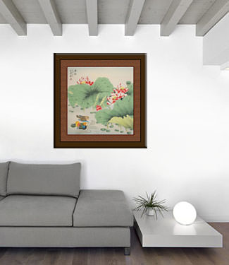 Colorful Mandarin Ducks & Lotus Flowers Painting living room view