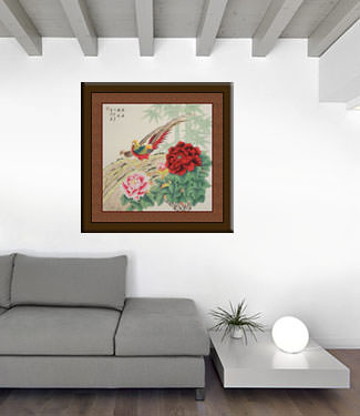 Chinese Golden Pheasant and Flower Painting living room view
