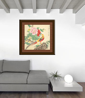 Chinese Golden Pheasant and Peony Flowers Painting living room view