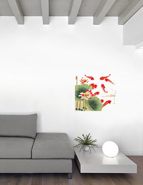 Large Koi Fish and Lotus Flowers Painting living room view