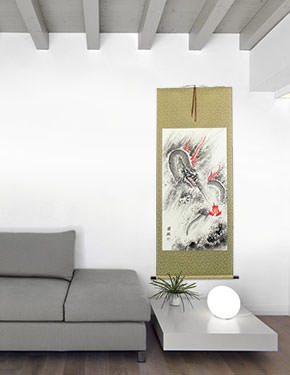 Flying Chinese Dragon Lightning Pearl - Asian Scroll living room view