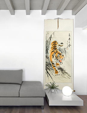 Huge Tiger Wall Scroll living room view