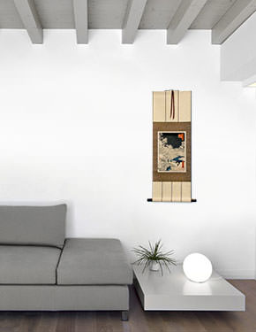 Snowy Bridge Landscape - Japanese Woodblock Print Repro - Small Wall Scroll living room view