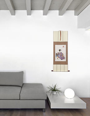 Japanese Sewing Lady Wall Scroll living room view