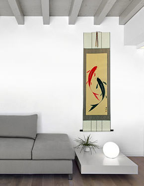 Yin Yang Koi Fish Wall Scroll living room view