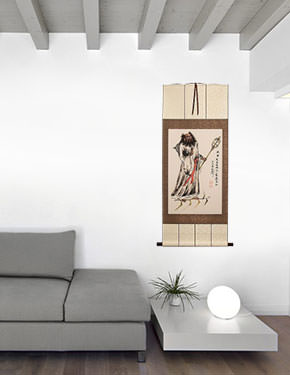 Damo Buddha Flying on a Reed Stalk - Wall Scroll living room view