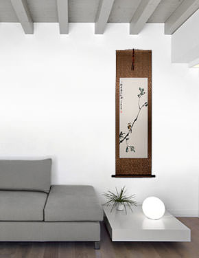 Spring Dew Moistens the Wind - Bird on Branch - Wall Scroll living room view