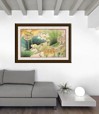 Little Bird in the Lotus - Asian Watercolor Masterpiece Painting living room view