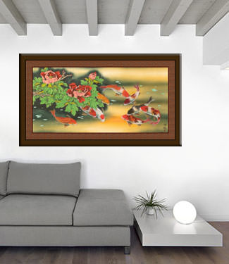 Chinese Koi Fish & Peony Flower Large Painting living room view