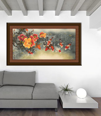 Large Koi Fish and Peony Painting living room view