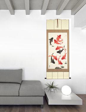 Nine Longevity Koi Fish Wall Scroll living room view