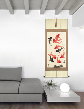 Nine Koi Fish - Large Wall Scroll living room view